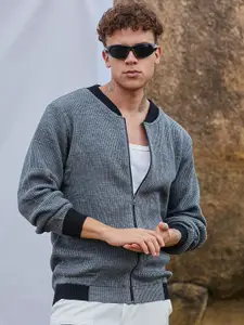 Campus Sutra Men Stand Collar Self Design Cotton Casual Bomber Jacket