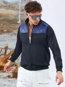 Campus Sutra Men Mock Collar Self Design Cotton Casual Biker Jacket