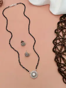 ABDESIGNS Silver-Plated Artificial Stones and Beads Studded Mangalsutra With Earrings