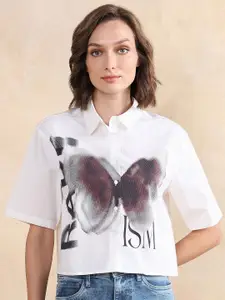 RAREISM Women Comfort Spread Collar Graphic Printed Cotton Boxy Casual Shirt