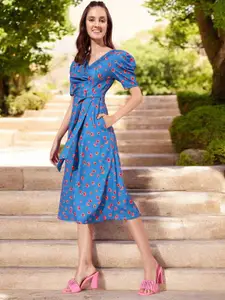 Miss Chase Floral Print Puff Sleeve Georgette A-Line Midi Dress
