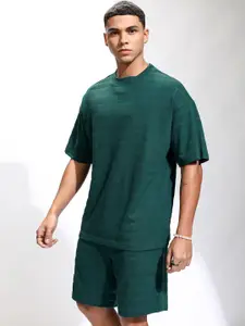 HIGHLANDER Self Design Round Neck Short Sleeves Pure Cotton T-Shirt With Shorts