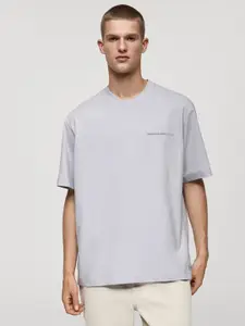 MANGO MAN Printed Drop-Shoulder Sleeves Pure Cotton Relaxed T-shirt