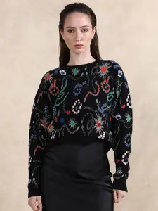 RAREISM Women Abstract Printed Crop Pullover Sweaters