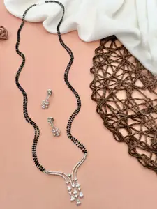 ABDESIGNS Silver-Plated Artificial Stones and Beads Studded Mangalsutra With Earrings