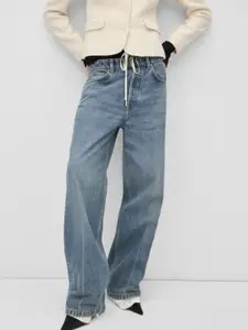 MANGO Women Wide Leg Low-Rise Light Fade Pure Cotton Jeans