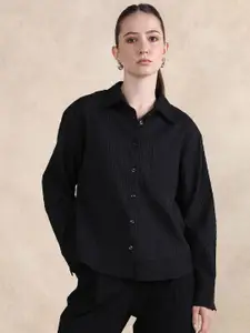 RAREISM Women Comfort Spread Collar Textured Cotton Casual Shirt