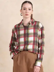 RAREISM Women Comfort Spread Collar Tartan Checked Cotton Casual Shirt