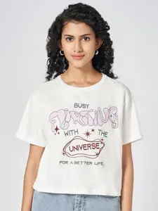 People Women Typography Printed Round Neck Cotton Boxy T-shirt