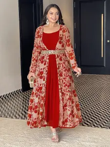 Janasya Women Maroon Georgette Floral Printed Embroidered Belted Dress With Jacket