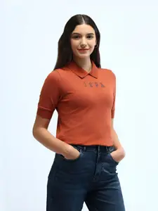 U.S. Polo Assn. Women Typography Printed Polo Collar Cotton T-shirt