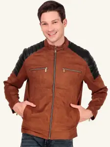 Leather Retail Men Mock Collar Solid Casual Biker Jacket