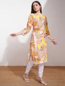 Vishudh Yellow Floral Printed Mandarin Collar Three-Quarter Sleeves Kurta