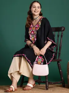 Sangria Floral Embroidered Flared Sleeves Thread Work Kaftan Kurta