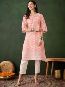 Sangria Floral Embroidered Flared Sleeves Thread Work Cotton Straight Kurta