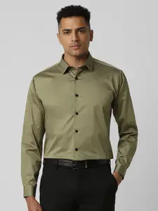 V Dot Men Spread Collar Solid Cotton Slim Fit Formal Shirt