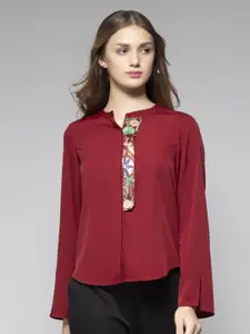 SHAYE Women Relaxed Mandarin Collar Solid Crepe Relaxed Fit Casual Shirt