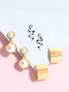 Rubans Set Of 3 Contemporary 18K Gold & Rhodium Plated Earring with Pearl and Snake Motifs