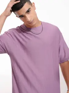 HIGHLANDER Men Self Design Round Neck Cotton Oversized T-shirt