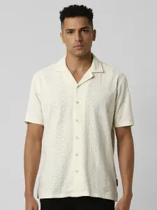 V Dot Men Cuban Collar Textured Cotton Slim Fit Casual Shirt