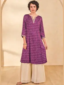 Global Desi Bandhani Woven Design Notched Neck A-Line Kurta
