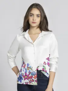 SHAYE Women Relaxed Spread Collar Floral Printed Satin Relaxed Fit Casual Shirt