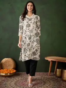 Sangria Floral Printed V-Neck Straight Kurta