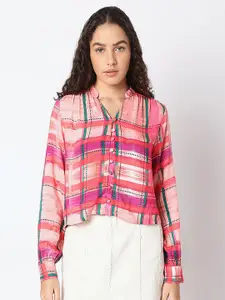 Vero Moda Women Checked Mandarin Collar Top