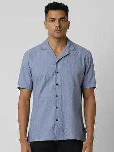 V Dot Men Cuban Collar Textured Cotton Casual Shirt