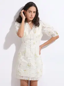 Vero Moda Women Floral Embroidered Puff Sleeve Fit & Flare Above Knee Dress