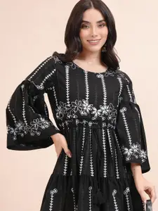 Vishudh Women Black Round neck Long Sleeves Embroidered Fit & Flare Mini Dress