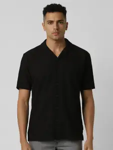 V Dot Men Cuban Collar Textured Cotton Slim Fit Casual Shirt
