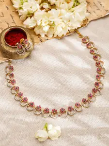 Rubans 22K Gold-Plated Pink & Green Stone CubicZirconia Necklace Set with Matching Earring