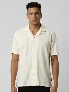 V Dot Men Cuban Collar Textured Cotton Casual Shirt