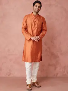 Fabindia Striped Band Collar Silk Straight Kurta