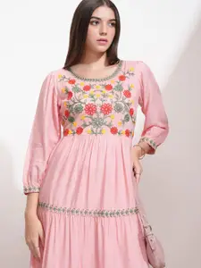 Vishudh Women Floral Embroidered Bishop Sleeve Maxi Dress