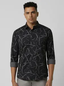 V Dot Men Spread Collar Abstract Printed Slim Fit Casual Shirt