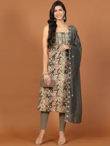 Meena Bazaar Floral Printed Sequinned Cotton Unstitched Dress Material