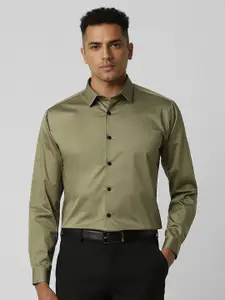 V Dot Men Spread Collar Solid Cotton Slim Fit Formal Shirt