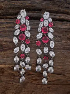 Kushal's Fashion Jewellery Rhodium-Plated CZ Studded Leaf Shaped Drop Earrings