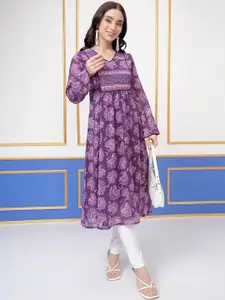 Vishudh Purple Floral Printed V-Neck Three-Quarter Sleeves A-Line Kurta