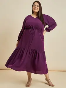 Sztori Women Purple V Neck Long Puff Sleeve Chiffon Maxi Dress