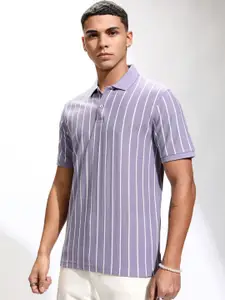 HIGHLANDER Men Striped Polo Collar Cotton Relaxed Fit T-shirt