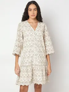 Vero Moda Women Cotton Tropical Self Design Flared Sleeve A-Line Dress