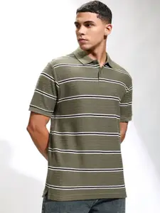 HIGHLANDER Men Striped Polo Collar Relaxed Fit T-shirt