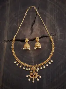 Kushal's Fashion Jewellery Gold-Plated Stones-Studded & Beaded Antique Necklace & Earrings