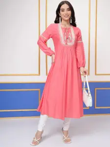 Vishudh Coral Floral Embroidered Tie-Up Neck Thread Work A-Line Kurta