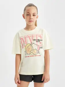 DeFacto Girls Typography Printed Round Neck Cotton T-shirt