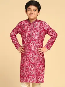 KISAH Boys Paisley Printed Mandarin Collar Neck Long Sleeves Cotton Blend Straight Kurta