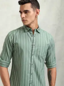 Highlander Men Cotton Linen Printed Striped Casual Shirt
